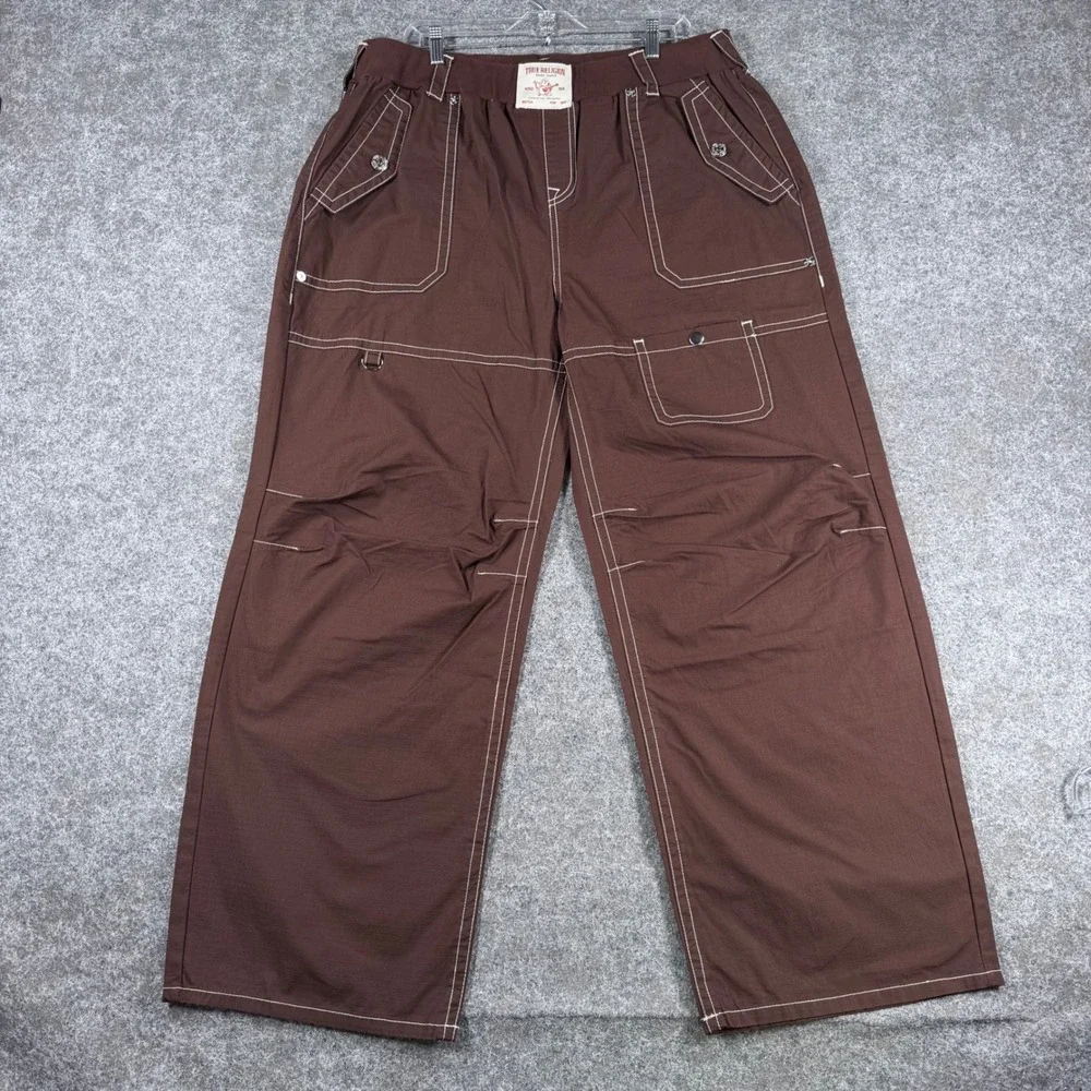 True Religion Men's 2XL Brown Cargo Pants NWT Baggy Utility Contrast Stitch Y2K